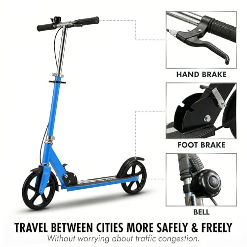Scooters for Kids 9-25, Teens & Adults - Foldable Commuter Scooter with Bell, Hand Brake & Adjustable Height, 260 LB Weight Capacity, Perfect for School, Campus, Park Rides, Blue — view 2