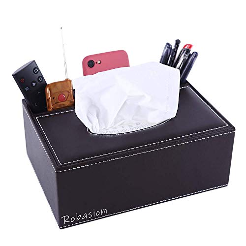 KISSTAKER Multifunction PU Leather Pen Pencil Remote Control Tissue Box Cover Holder Desk Storage Box Container for Home and Office Use (Coffee)