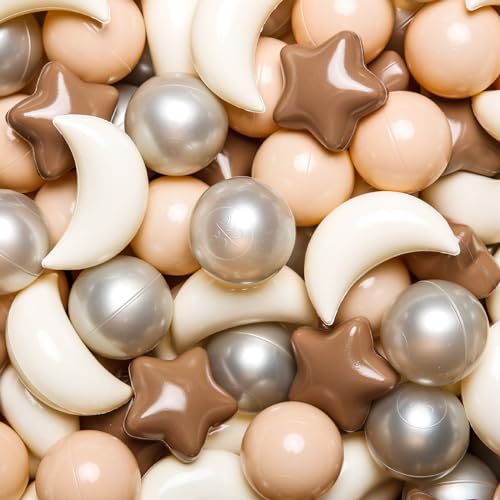 Image of GOGOSO Ball Pit Balls Stars Moon Shapes Plastic Pitballs for Toddler Play Tent Baby Photo Props Kids Pool Water Toys Kiddie Pool Party Decor, Coffee+Beige Mix Cream Colors +Pearl Colors,100PCS