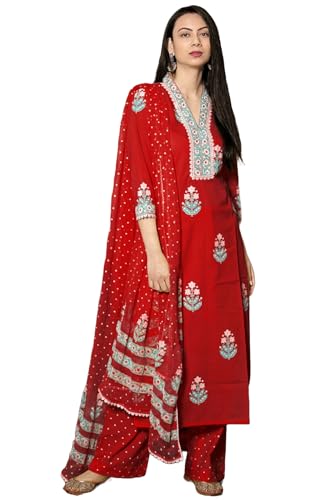 Image of GoSriKi Women's Cotton Blend Straight Hand Block Printed Kurta with Pant & Dupatta | Ethnic Wear for Women | Indian Casual Office Daily Summer Outfit