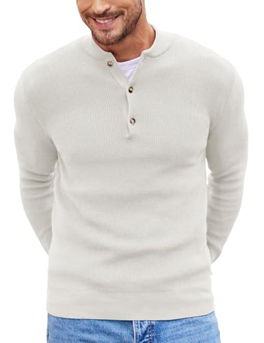 COOFANDY Men Knit Sweater Long Sleeve Button Pullover Casual Lightweight Soft Sweaters White Small