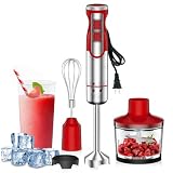 Colarlemo 1800W Immersion Blender Handheld 4-in-1 Hand Blender Stick for Ice Crushing Smoothie, Baby Food, Soup, 8 Speed Hand Mixer Turbo Boost Stainless Steel Blade with Whisk, Chopper, Beaker (Red)