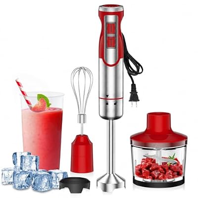 Colarlemo 1800W Immersion Blender Handheld 4-in-1 Hand Blender Stick for Ice Crushing Smoothie, Baby Food, Soup, 8 Speed Hand Mixer Turbo Boost Stainless Steel Blade with Whisk, Chopper, Beaker (Red)