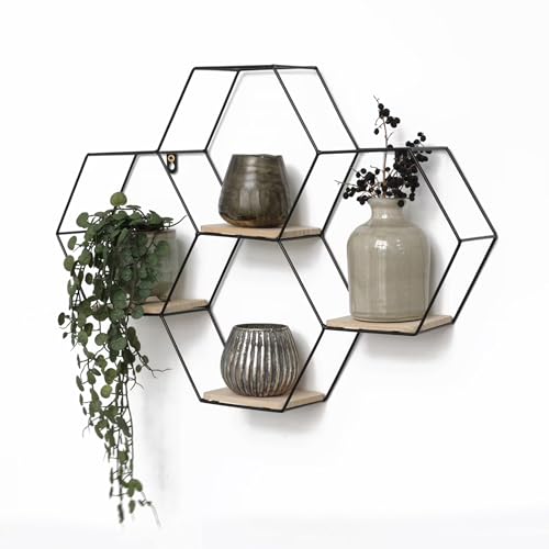 IVOL Wabenförmiges Wandregal aus Metall 4 Holzböden - 40,5 x 58 cm -...