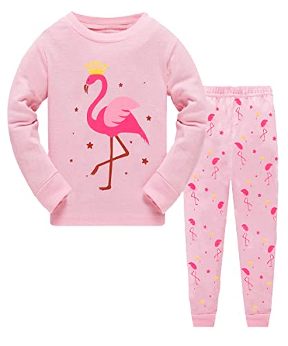LXKA Pyjama pour fille - Dinosaure - 100 % coton - Animal - Licorne - Chat - Sirène - Manches longues - 2 pièces - 1 à 8 ans, Flamant rose, 3-4 ans Cover