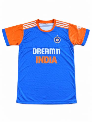 Image of India Cricket Team Jersey, Blue and Orange, Dream11 Fan Shirt, Short Sleeve, Breathable Sports Top (UK, Alpha, M, Regular, Regular)