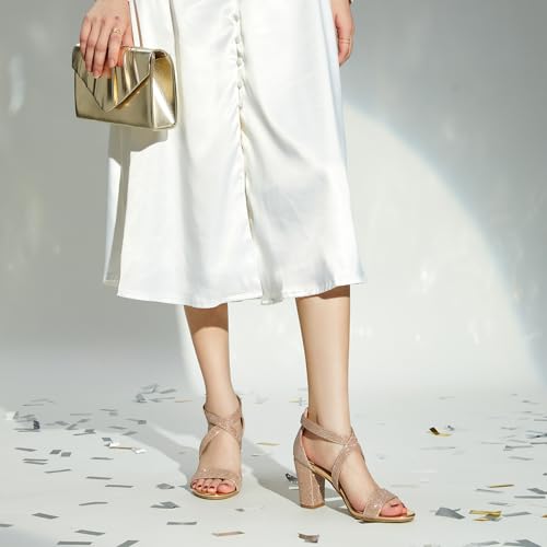 Image of Trary Women's Block Chunky Heel Sandals for Women Open Toe Adjustable Cross Ankle Strap Dress Shoes Walking Wedding Evening Bridal Heels