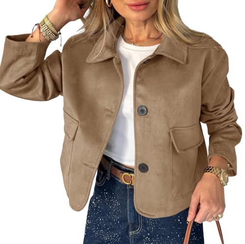 Tankaneo Womens Faux Suede Leather Jackets Casual Cropped Coats Vintage Button Down Shackets