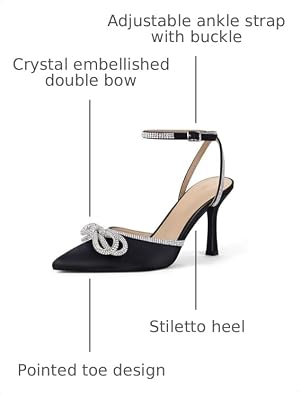 VETASTE Women's Double Bow Pointed Toe Ankle Strap Crystal Pumps Wedding Bridal Party Stilettos Backless Satin Heeled Sandals