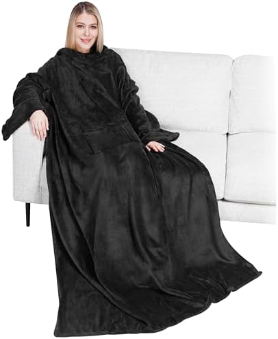 PAVILIA Premium Fleece Blanket with Sleeves for Adult, Women, Men | Warm, Cozy, Extra Soft, Microplush, Functional, Lightweight Wearable Throw (Black, Regular Pocket)