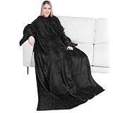 PAVILIA Premium Fleece Blanket with Sleeves for Adult, Women, Men | Warm, Cozy, Extra Soft, Microplush, Functional, Lightweight Wearable Throw (Black, Regular Pocket)