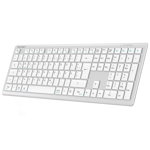 TECKNET Bluetooth Tastatur Kabellose, Wiederaufladbare Multi-Device Wireless Keyboard mit Einfacher bis zu 4 Geräte, Ultraflache, Deutsches Layout (QWERTZ), für Mac, Windows, iOS, Chrome OS