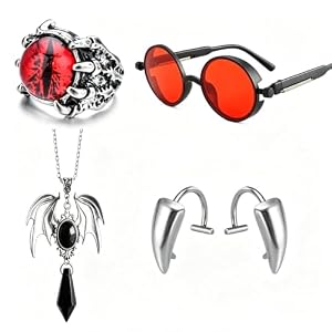 Vampir Kostüm Herren 4-Teilig mit Roter Brille, Fledermaus Halskette, Ring und Vampirzähnen, Dracula Kostüm Herren Für Halloween, Cosplay, Karneval, Teufelkostüm Mann, Vampire Accessoires Costume