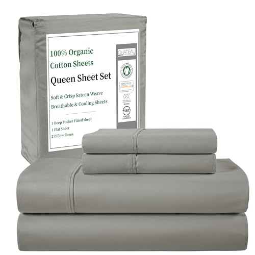 Organic Cotton Sheets Queen Size Bed Set, 300 TC Soft Sateen Weave - White