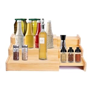 Eidoct 3-Tier Expandable Wooden Spice Rack – Adjustable Step Shelf Organizer for Cabinet, Pantry & Cupboard | Free Standing Spice Jar Storage Shelf with Non-Slip Design