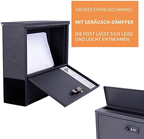 MAITTON Letter Box with Combination Lock - Black Wall-Mounted Mailbox with Newspaper Holder, Stainless Steel, Modern Post Box with Viewing Window, Lockable