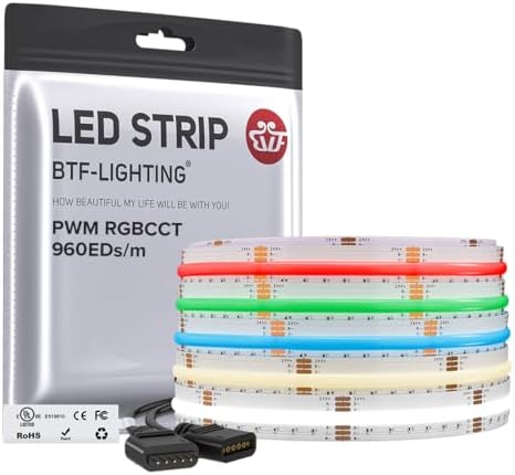 BTF-LIGHTING Fcob Cob Led Strip Rgbcct Color Changing Flexible High Density Light Rgb + Adjustable Cct 3000K-6000K 16.4 Feet 960Led / M Dc24V 12mm Wide for Indoor Decoration Project(No Ad