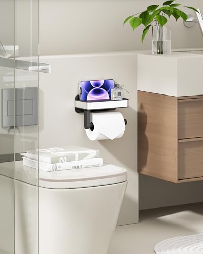 image for Kitsure Toilet Paper Holder with Shelf - Adhesive & Screw Wall Mount T