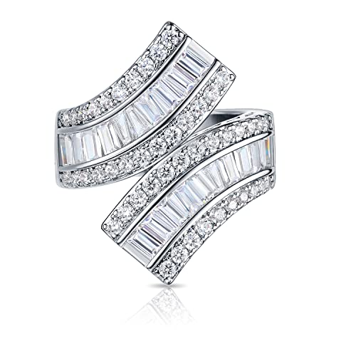 Opomomo 18K White Gold Plated Baguette Cubic Zirconia Wide Band Cocktail Ring,Double-Band Curved Ring Unisex Adults 7 #TOP1