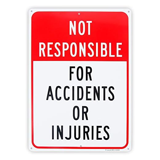 Con respecto al inglés "No es responsable de accidentes o lesiones", 25,4 x 35,6 cm, 0,040 aluminio, rostfrei, UV-geschützt und wetterfest