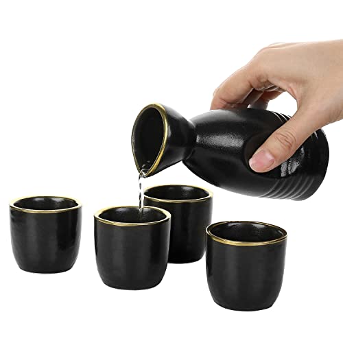 Mygift 5 Pc Modern Japanese Oriental Style Black And Gold Rim Ceramic Sake Set With Serving Carafe Bottle And 4 Shot Cup Glasses #TOP5