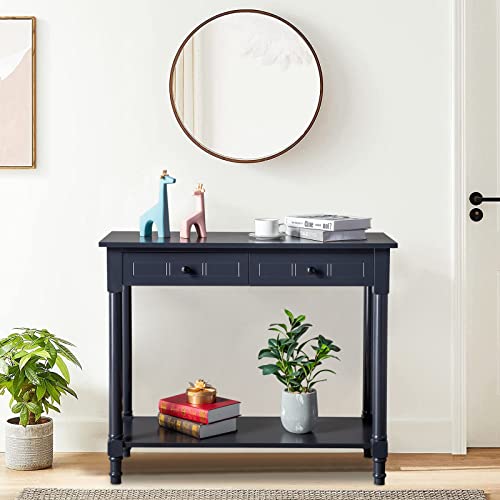 Karl Home Console Table With 2 Drawers, Narrow Sofa Side Table Entryway Desk With Bottom Storage Shelf, Tv Stand For Living Room Hallway Office, Navy Blue/Black 29.7" H #TOP4
