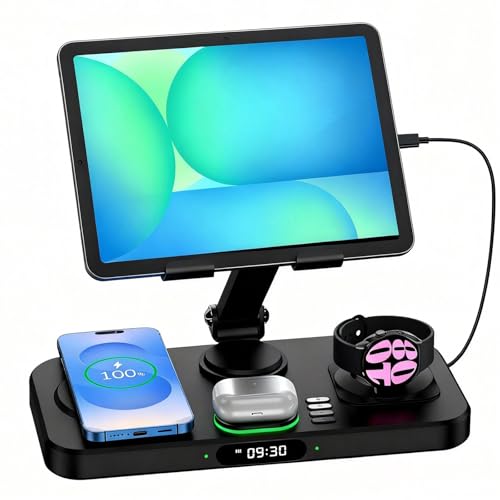 30W Tablet Wireless Charger for Samsung, Foldable Android Charging Station with Clock Display with 7-Color Light, Wireless Watch Charger for S25, Only Compatible Samsung Watch, Galaxy Buds3 Pro