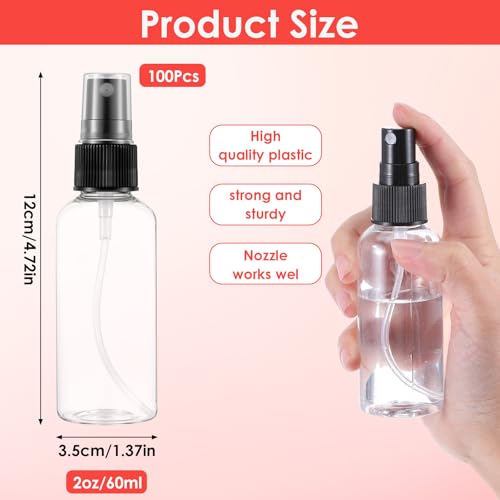 100 Pcs 2 oz Plastic Mini Spray Bottles, 60 ml Small Travel Spray Bottles Plastic with Pump Spray Cap Refillable Containers for Essential Oils Perfumes Makeup Cleaning Fluid3