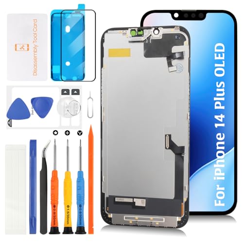 Olivechard for iPhone 14 Plus OLED Screen Replacement with Proximity Sensor Flex Cable 6.7" Display Assembly Touch Digitizer Repair Kit A2649 A2881 A2884 A2883 A2882 (Hard OLED, Same Notch Size)