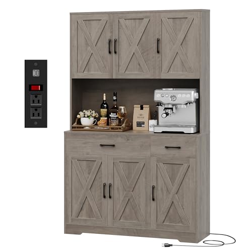 HOSTACK 71" Pantry Cabinet with Charging Station, Tall Kitchen Pantry Storage Cabinet with Microwave Stand, Farmhouse Kitchen Hutch with Storage Drawers for Living Room, Dining Room, Ash Grey