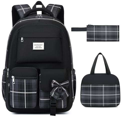 Image of Black Backpack 3 packs for Girls, Cute Teenage Bookbag with Lunch Box for Women Middle School Highschool College Student Mochila Universitaria para Mujer