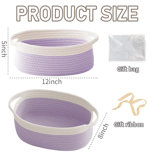 Image of JMvicyroam Small Woven Basket, Empty Gift Basket, White&Purple /3 Pack | Small Gift Basket, Cotton Rope, 12 x 8 x 56 in, Handles, Includes Ribbon and Bag, Birthday Gift Basket