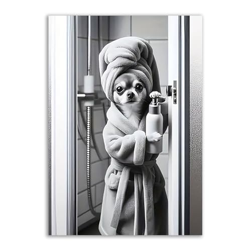 Cuadros decoracion salon modernos y baño póster decorativo Dog Shower Time blanco de 40x60cm
