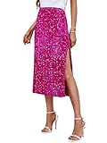 Wenrine Women's Sequin Skirts Midi Sexy High Waisted Nightout Bodycon Party Slit Skirt Hot Pink