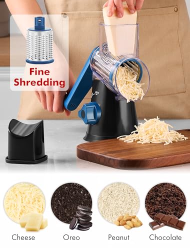 Image of Cheese Grater Rotary, Rotary Grater for Kitchen, Kitchen Vegetable Slicer with 3 Drum Blades, Fast Cutting Cheese Shredder for Vegetables and Nuts