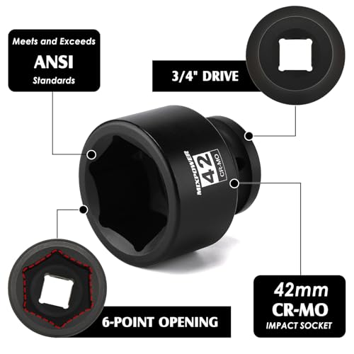 Image of MIXPOWER 3 /4 inch Drive Shallow Impact Socket, 42mm, CR-MO, Metric, 6 Point, Axle Nut Impact Grade Socket for Easy Removal