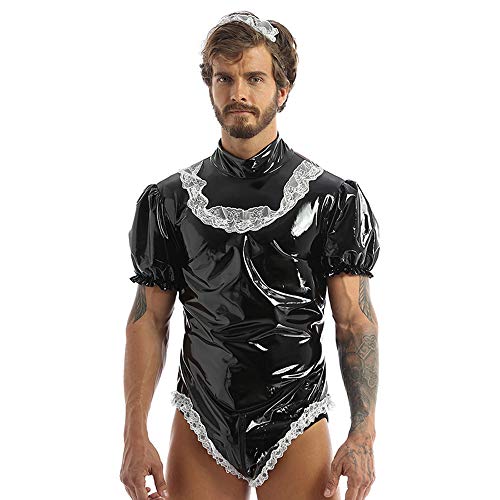 FASHION QUEEN 21 Color Sexy Men Maid Cosplay Costume Wetlook Puff Sleeve High Cut PVC Bodysuit (Black,XL)