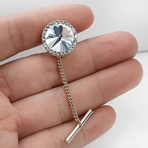Men's Classic Round Crystal Men's Tie Tack Gold Color Tie Tack Clutch Back Fashion Necktie Tack Pin With Chain Crystal Lapel Pins Brooch (Clear Tie Silver Tack) #TOP2