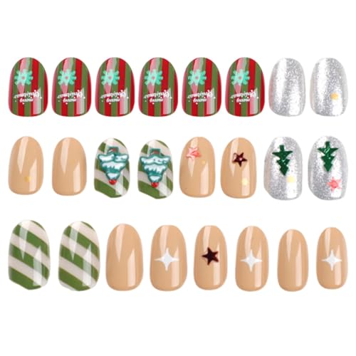 Unhas de Natal curtas,Natal Press On Nails - 24 peças de unhas de férias para unhas falsas | Unhas c