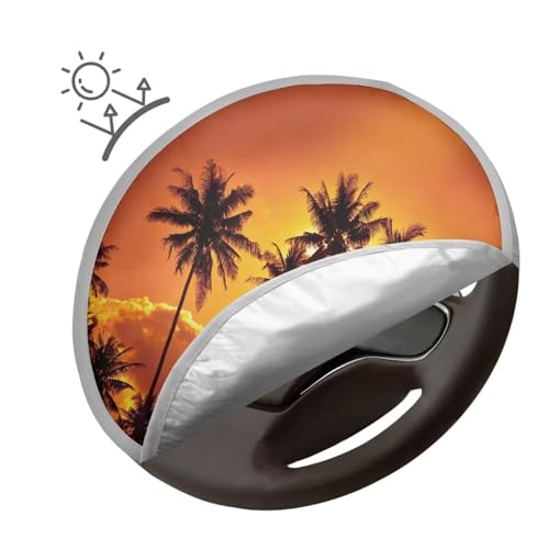 Image of Coconut Tree Car Sun Shade for Car Steering Wheel Cover Foldable Anti Heat Automotive Steering Wheel Heat Shield Cover Easy Installation Universal Steering Wheel Shield