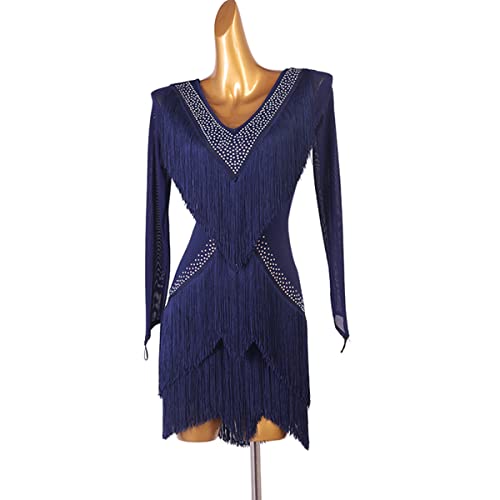 Foto von kzytamz Fransen Latein Tanzkleider Damen Ballsaal Samba Kostüm V-Ausschnitt Lange Ärmel Latein Turnierkleid Quastensaum Für Frauen Flamenco Kleid Salsa Tanzen Outfit (XXL,Blue)