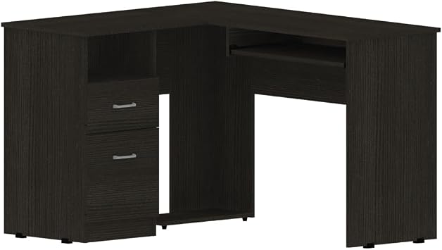 Tuhome Mix L Shaped Desk, 47.2" Corner Computer Desk for Home Office with 2 Drawers, 3 Open Shelves & Retractable Keyboard Tray, Engineered Wood, Wenge