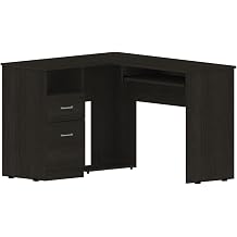 Tuhome Mix L Shaped Desk, 47.2" Corner Computer Desk for Home Office with 2 Drawers, 3 Open Shelves & Retractable Keyboard Tray, Engineered Wood, Black