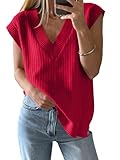 Saodimallsu Womens V Neck Sweater Vest Oversized Ribbed Knit Sleeveless Casual Loose Fit Pullover Tank Top Red