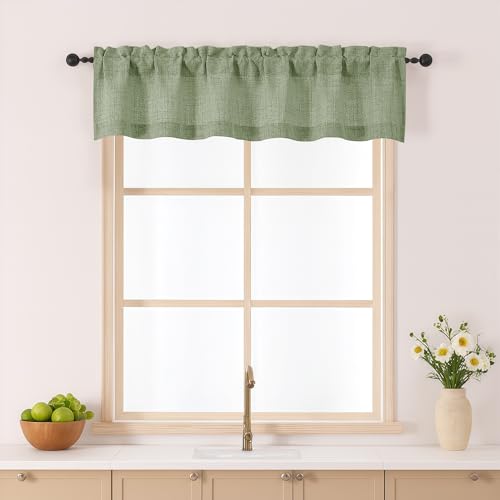 Gwine Green Valance for Windows, Light Filtering Faux Linen Textured Small Kitchen Window Valance, Rod Pocket Short Curtain for Bathroom Basement RV Camper, 60Wx12L inch, 1 Piece