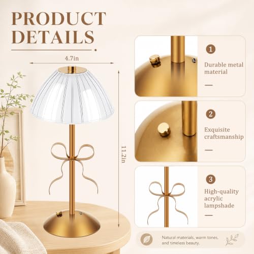 Image of Liliful 2 Pcs Cordless Table Lamp Rechargeable Touch LED Small Gold Portable Battery Operated USB-c Desk Lamp 3 Color Dimmable for Bedroom Living Room Dining (Gold,Mushroom Style Bow)