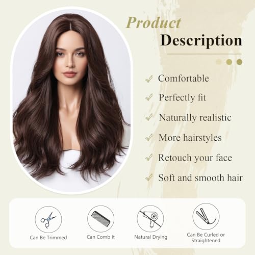 Long Wavy Wigs for Women Hairline Part Lace Wig Human Hair Blend Wigs Middle Part Natural Daily Use Dark Brown Hair Wig - Image 3