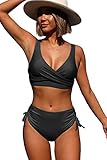Beachsissi High Waisted Bikini Twist Front Tie Back 2 Piece Swimsuit Solid Color Black