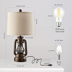 RORIANO Farmhouse Lantern Table Lamps for Living Room Set of 2 Vintage Bedroom Resin Lamp with Dual USB Charging Ports Rustic Retro Bedside Nightstand Desk Lamp Linen Fabric Shade 4 Bulb Included