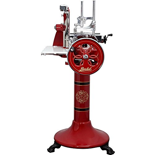 Berkel Volano P15 handbetriebene Aufschnittmaschine mit Blütenverziertes Schwungrad, Messerdurchmesser 285 mm Rot und…